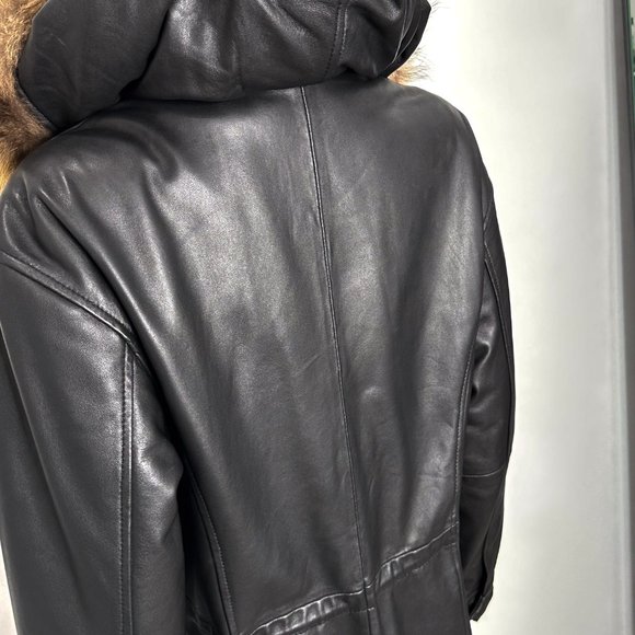 Genuine Lamb Leather Longline Coat Jacket w/ Remove-able Faux Fur Trim Hood - Picture 11 of 16